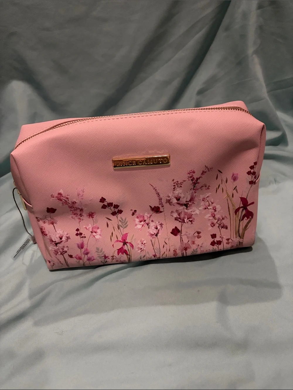 Vince Camuto Pink Floral Makeup Pouch with Gold Logo